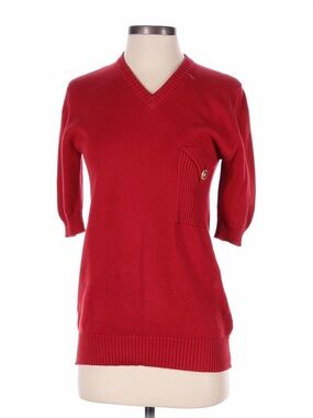 CHANEL RARE VINTAGE Red V-Neck Half Sleeve Sweater with Pocket Gold Button EUC